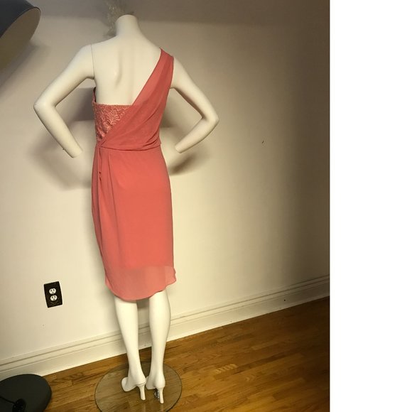 MADE IN CANADA Le Chateau PLUS SIZE Peach Corral Pink Lace Chiffon Bodycon dress - Picture 4 of 4